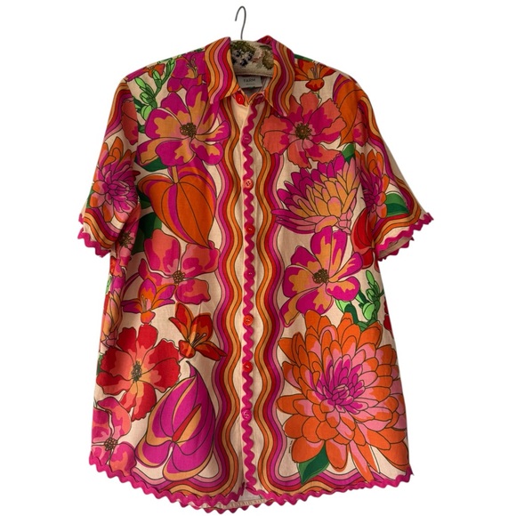 FARM Rio Spring Affair Floral Linen Button Top Ric Rac Applique M Oversize EUC - Picture 2 of 6